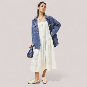 Free People Primavera Eyelet Tie Midi Dress White Cottagecore Boho Sz S NWT